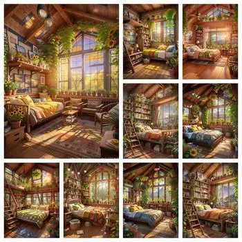 5D Алмазная мозаика Дом Новое поступление DIY Вышивка Окно Искусство Алмазная живопись Пейзаж Вышивка крестом Декор стены Full Round 20x30CM