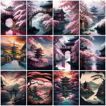 5D Алмазная Мозаика Дом Пейзаж Стразы Картина Живопись Японская Сакура Цветы Вышивка Озеро Ручная работа Full Round 20x30CM