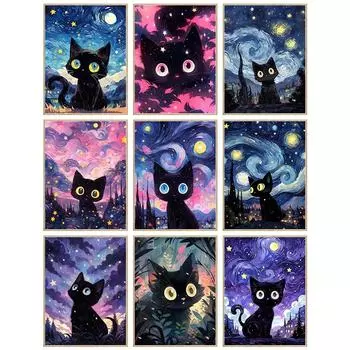 5D Алмазная мозаика Ван Гог Звездный кот Алмазная картина Пейзаж Украшение Алмазная вышивка крестиком Подарок на день рождения