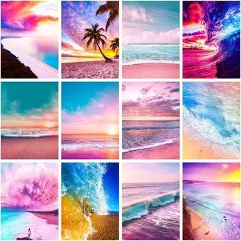 5D Алмазная Вышивка Розовый Пляж Полный Круглый Алмазная Картина Вышивка Крестом Пейзаж Мозаика Искусство Украшения Дома Full Round 20x30CM