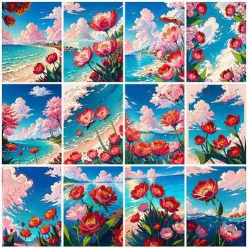 5D Алмазная вышивка Цветок лотоса Стразы Картина Картина Пион Сделай Сам Пейзаж Мозаика Море Ручная работа Хобби Full Round 20x30CM