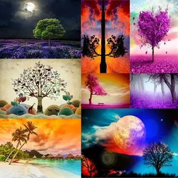 5D Алмазная вышивка Деревья Пейзаж 5D Алмазная картина Вышивка крестом Полное рукоделие 20X30CM красный