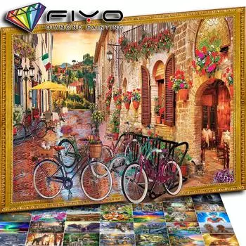 5D Алмазная вышивка Крестом Улица Алмазная картина Пейзаж Алмазная мозаика Велосипедный декор для дома Full Round 20X30CM