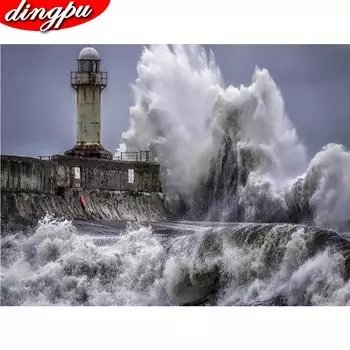 5d Алмазная вышивка Пейзаж Полный круглый Алмазная картина Маяк Вышивка крестом 20X30CM