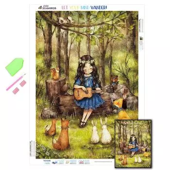 5D Алмазная вышивка Слушание музыки животных Вышивка крестиком Алмазная картина Девушка Мозаика Ручная вышивка Домашний декор Full Round 20X30CM