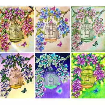 5D алмазная живопись цветок птичья клетка горный хрусталь картина круглая DIY Алмазная вышивка крестиком мозаика украшения комплект Full Round 20x30CM