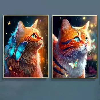 5D алмазная живопись, новая коллекция, кошка, бабочка, полная круглая алмазная вышивка, животное, фантазия, абстрактная мозаика, искусство, украшение для дома 30*40cm/11.8*15.7in