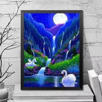 5D алмазная живопись Пейзаж Картина Стразами Алмазная вышивка Лебедь Водопад Вышивка крестиком Художественный декор для хобби 20X30CM