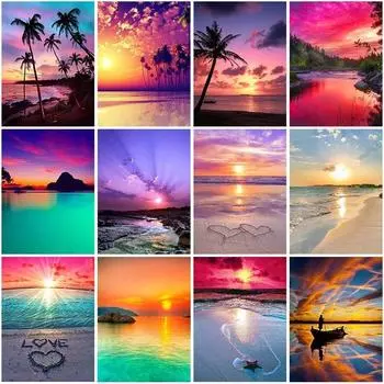 5D алмазная живопись Приморский пейзаж полная круглая дрель Алмазная вышивка картина горный хрусталь закат пейзаж мозаика Настенный декор Full Round 20X30CM красный