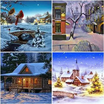 5D алмазная живопись Зимняя Алмазная вышивка Снежный пейзаж Рукоделие Полный круглый дрель Пейзаж Мозаика Вышивка крестиком Настенный декор Full Round 20x20CM