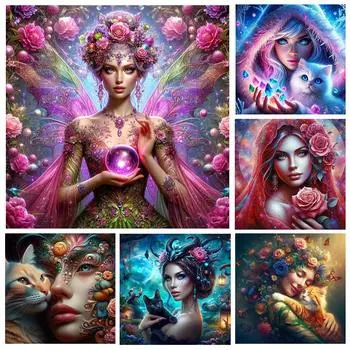 5d Алмазный Рисунок Ангел Женщина и Кошка Полный Квадрат Круглый Алмаз Вышивка Мозаика Мультфильм Портрет Мозаика Украшение Дома Full Round 20x20CM