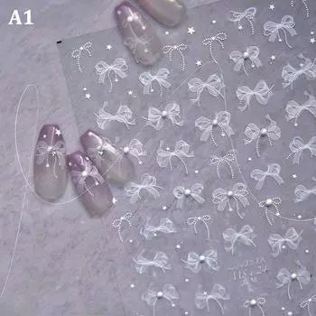 5D Белый кружевной бант наклейки для ногтей перламутровые стразы украшения ногтей клейкие наклейки слайдер DIY аксессуар A1