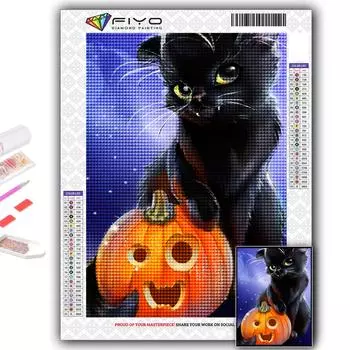 5D Алмазная картина Хэллоуин тыква и черный кот DIY Алмазная вышивка Стразы Украшение для дома Full Round 20X30CM