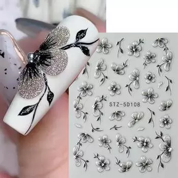 5D черные блестящие наклейки для ногтей, акварельные цветущие наклейки для ногтей, маникюр, весенние цветочные клейкие переводные наклейки, слайдер, декор для ногтей