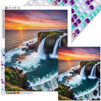 5D-Diamantgemlde zum Selbermachen runder Bohrer Wasserfall Sonnenuntergang Deko