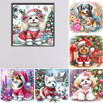 5D-Diamantgemlde zum Selbermachen runder Bohrer Weihnachtshunde-Set Heimdekorat A9555