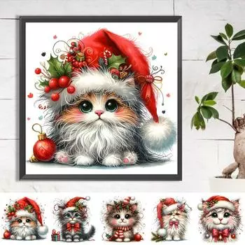 5D-Diamantgemlde zum Selbermachen runder Bohrer Weihnachtskatze Heimdekoration ZSH1417