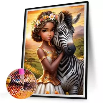 5D-Diamantgemlde zum Selbermachen Runder Bohrer Zebra-Mdchen Dekor Kunsthandwe