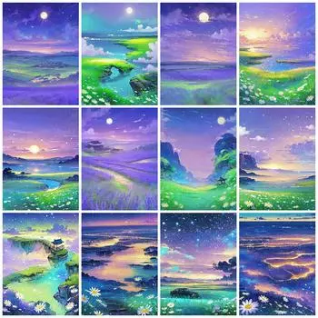 5D Diamond Mosaic Lake Landscape Full Square Round Daisy Embroidery Moon Diamond Painting Sunset Decor For Home Full Round 20x30CM
