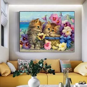 5D Diy Алмазная картина Наборы для вышивки крестом Цветы и кошка Круглая алмазная вышивка Картина 20X30CM
