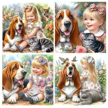 5D DIY Алмазная картина 2024 Новая серия Маленькая девочка и щенок Кошка Картина Алмазная вышивка Домашнее украшение Вышивка крестом Full Round 20x20CM