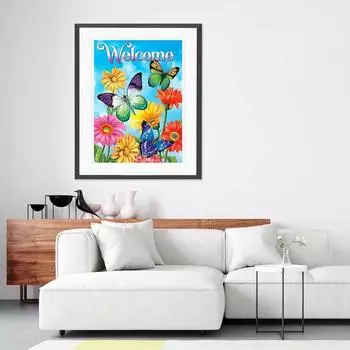 5D Diy Алмазная картина Бабочка Летящая среди цветов Набор для вышивки крестом Полная алмазная вышивка Мозаика Художественная картина Стразы Декор Подарок Full Round 20x30cm