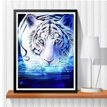 5D Diy Алмазная картина Белый тигр в пруду Набор крестиков Полная алмазная вышивка Мозаика Художественная картина Стразы Декор Подарок Full Round 20x30cm