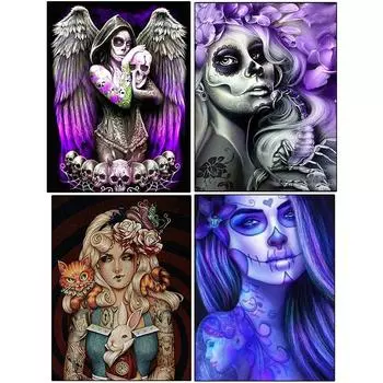 5D DIY Алмазная картина Череп Лицо Женщина Стразы Мозаика Татуировка Девушка Алмазная вышивка Искусство Мозаика Домашний декор Ручной работы Подарок Full Round 20x30CM