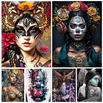 5D DIY Алмазная картина Череп Лицо Женщина Стразы Мозаика Татуировка Девушка Алмазная вышивка Искусство Мозаика Домашний декор Ручной работы Подарок Full Round 20x30CM