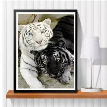 5D DIY Алмазная картина Черно-белый тигр Набор для вышивки крестом Мозаика Алмазная вышивка Роза Полный круглый/квадратный дрель Украшение дома Round 30x40cm