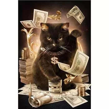 5D Diy Алмазная картина Черный кот и деньги Алмазная вышивка Крестом Домашний декор Подарки ручной работы Round 20x30cm