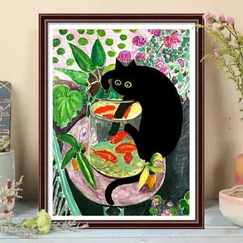 5D DIY Алмазная картина Черный кот Ловля рыбы Набор для вышивки крестиком Мозаика Алмазная вышивка Полный круглый/квадратный дрель Украшение дома Round 30x40cm