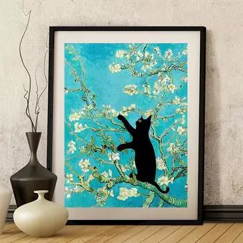 5D DIY Алмазная картина Черный кот на дереве Набор для вышивки крестом Мозаика Алмазная вышивка Полный круглый/квадратный дрель Украшение дома Round 30x40cm