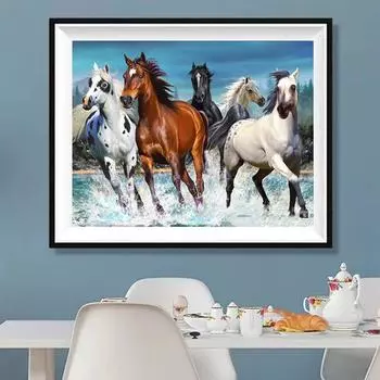 5D DIY Алмазная картина Четыре лошади Вышивка крестиком, Набор для вышивания, Алмазная картина со стразами, Ручное украшение дома Подарок Round drill 30x40cm