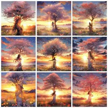 5D Diy Алмазная картина Дерево Девушка Вышивка Мозаика Закат Пейзаж Полный Квадрат Круглый Домашний Декор Full Round 20x20CM