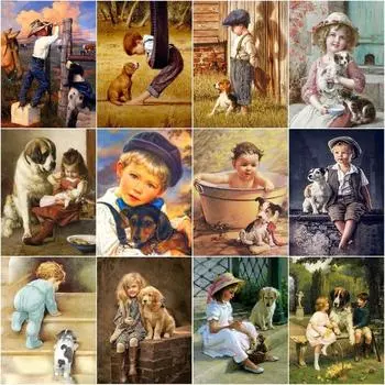 5d Diy Алмазная картина Детская собака Ферма Домашний декор Алмазная вышивка Девушка Мальчик Животное Мозаика Кристалл Хобби Full Round 20x30CM