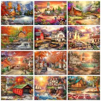 5D Diy Алмазная картина Дом Пейзаж Полная квадратная круглая вышивка Мозаика Дерево Пейзаж Домашний декор Full Round 20x30CM