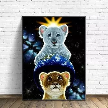 5D DIY Алмазная картина Два маленьких льва Набор для вышивки крестом Мозаика Алмазная вышивка Роза Полный круглый квадратный дрель Украшение дома Round 30x40cm