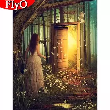 5D DIY Алмазная картина Фэнтези Полный дрель Квадратный круглый набор со стразами Алмазная вышивка Пейзаж Дверь Украшение дома Full Round (20X30CM)