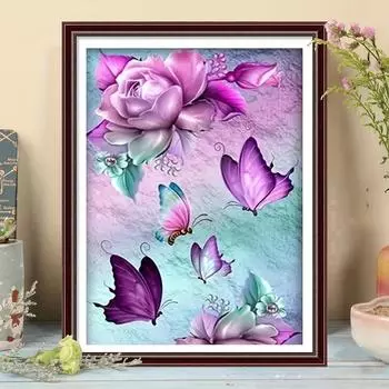 5D Diy Алмазная картина Фиолетовая бабочка и цветы Набор для вышивки крестом Полная алмазная вышивка Мозаика Художественная картина Стразы Декор Подарок Full Round 20x30cm
