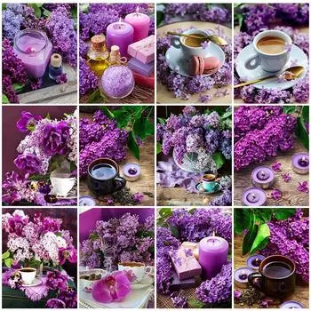 5D DIY Алмазная картина Фиолетовые цветы Сцена Алмазная вышивка Набор для вышивки крестом Полный горный хрусталь Мозаика Домашний декор Round 20x30cm