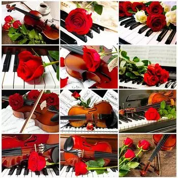 5D DIY Алмазная картина Фортепиано и розы Алмазная вышивка Набор для вышивки крестом Полный горный хрусталь Мозаика Домашний декор Round 20x30cm