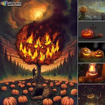 5D Diy Алмазная картина Хэллоуин Страшный тыквенный пейзаж Вышивка крестом Полная алмазная вышивка Мозаика Full Round 20X30CM