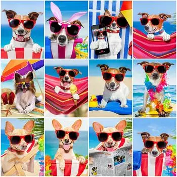 5D DIY Алмазная картина Happy Cool Beach Dog Алмазная вышивка Набор для вышивки крестом Полный горный хрусталь Мозаика Домашний декор Round 20x30cm