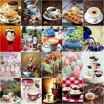 5D Diy Алмазная картина Кофе Десерт Полный круглый Алмазная художественная вышивка Мозаика Натюрморт Украшение дома 40x50 см Full Round 20x30CM