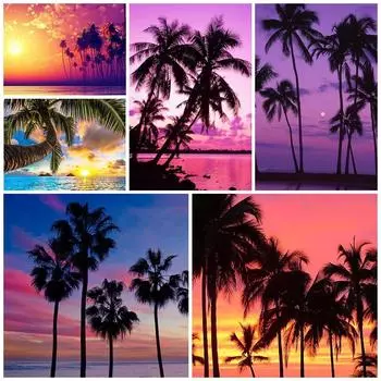 5D DIY Алмазная картина Комплект Кокосовая пальма Алмазная вышивка Стразы Украшения для дома Round 20x30cm