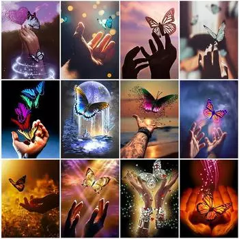 5D DIY Алмазная картина кончик пальца Бабочка Алмазная вышивка Набор для вышивки крестом Полный горный хрусталь Мозаика Домашний декор Round 20x30cm