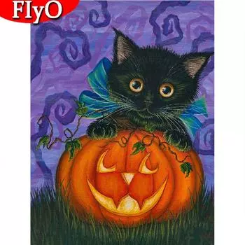 5D DIY Алмазная картина Кошка Алмазная вышивка Животное Мозаика Тыква Ремесленный комплект со стразами Хэллоуин украшения Full Round (20X30CM)