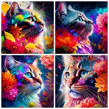 5d Diy Алмазная картина Кошка Цветной пион Вышивка Мозаика Животное Цветок Набор для вышивки крестом Квадратный/круглый Декор для дома Full Round 20x20CM