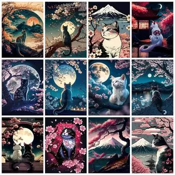 5D Diy Алмазная картина Кошка Цветущая вишня Домашний декор Вышивка Мозаика Лунный пейзаж Настенное искусство Full Round 20x30CM